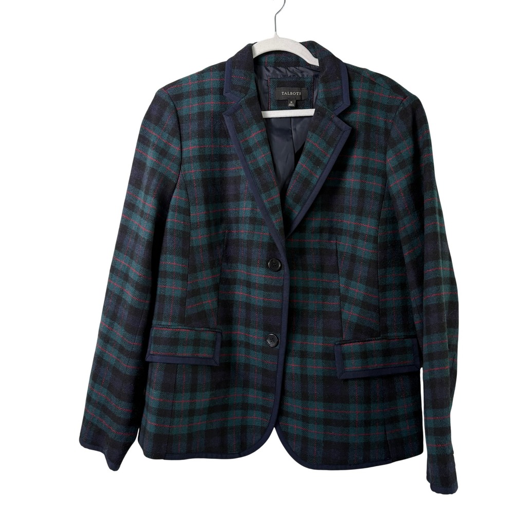 Talbots Blazer Womens 16 Green Blue Plaid Wool Blend Jacket Preppy Academia